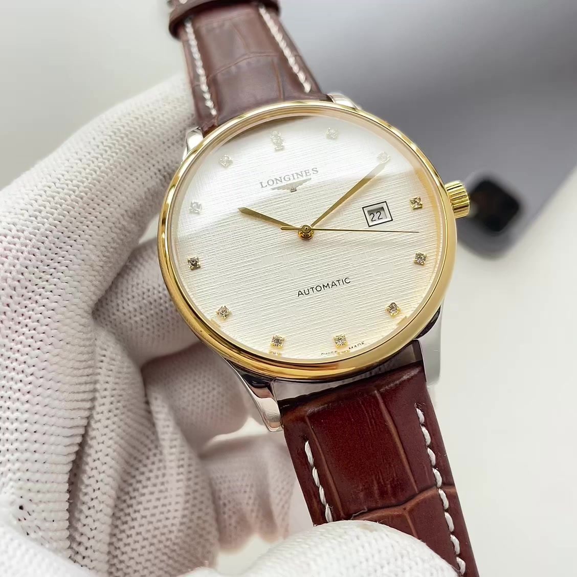 Longines Gold-Tone White Dial Leather Strap Watch — hero