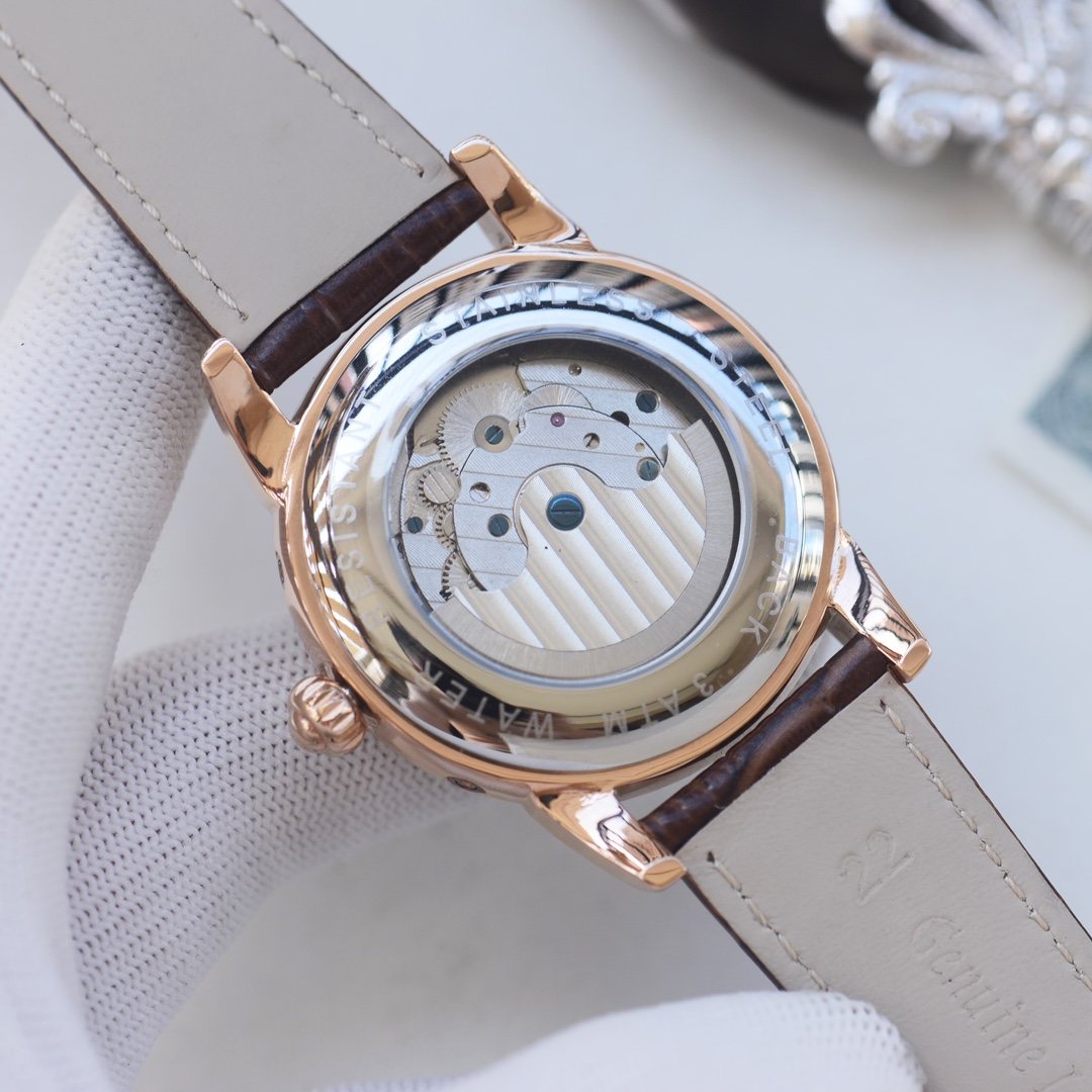 Patek Philippe Rose Gold Brown White Dial Strap Watch — back