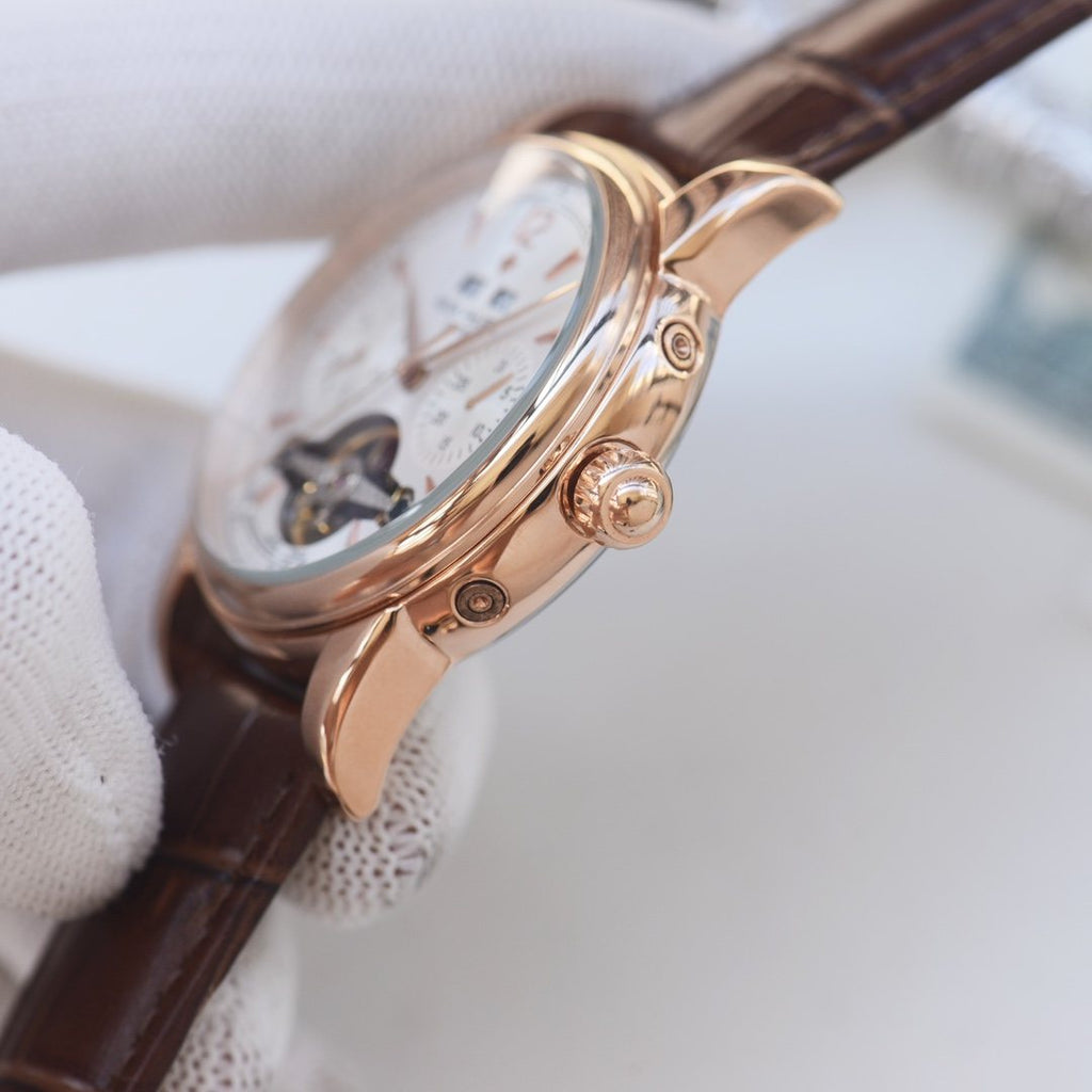 Patek Philippe Rose Gold Brown White Dial Strap Watch — side