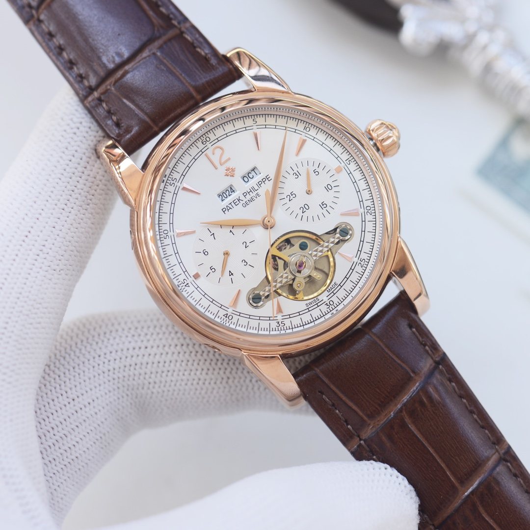 Patek Philippe Rose Gold Brown White Dial Strap Watch — hero