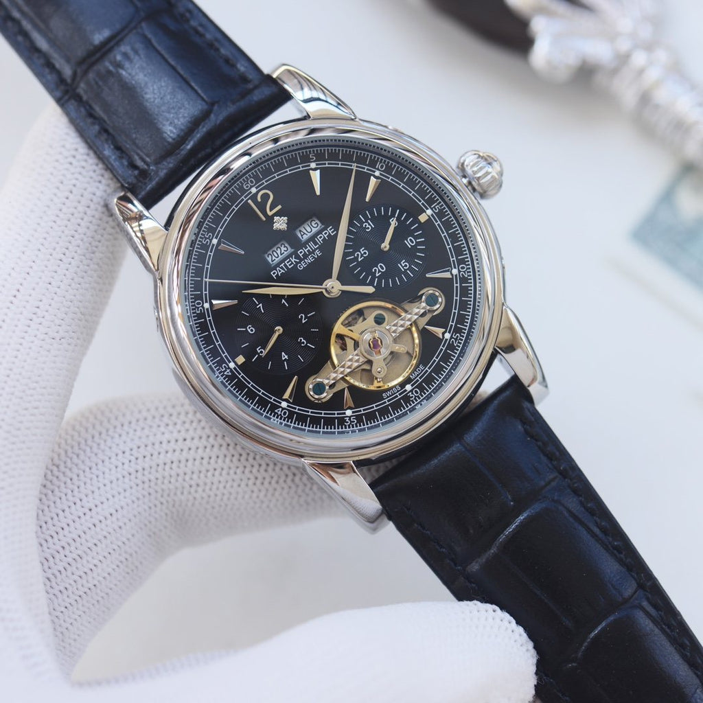 Patek Philippe Silver Black Dial Strap Watch — front