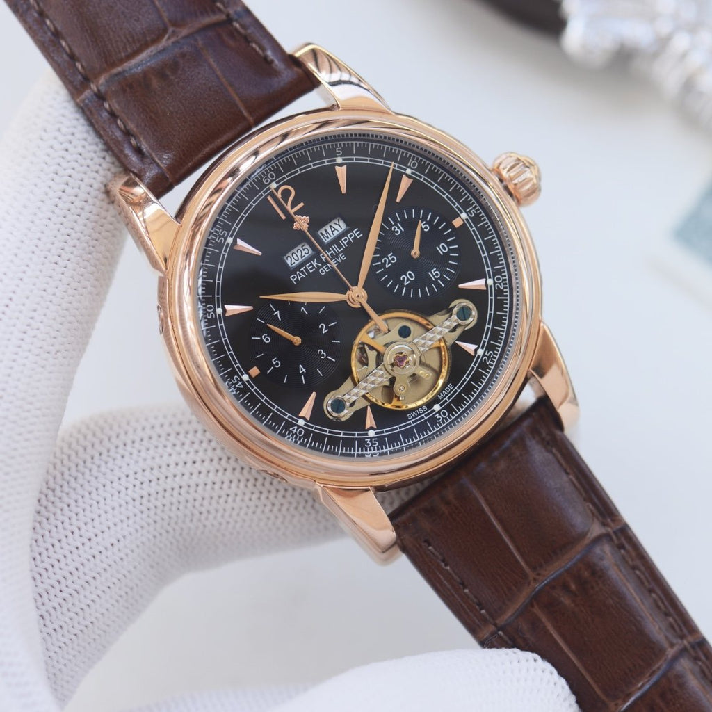 Patek Philippe Rose Gold Brown Black Dial Strap Watch — hero