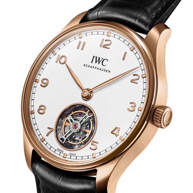 IWC Rose Gold Black Leather Strap Watch — front