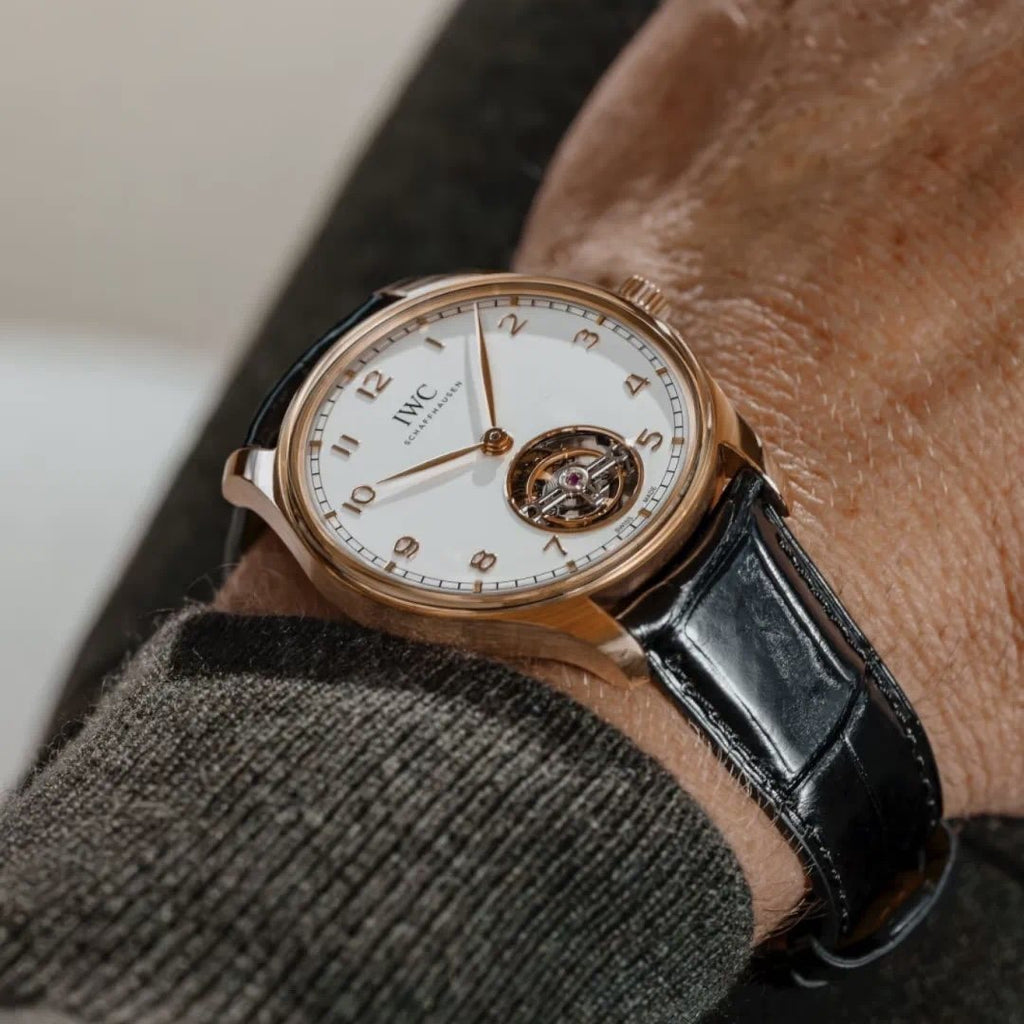 IWC Rose Gold Black Leather Strap Watch — model