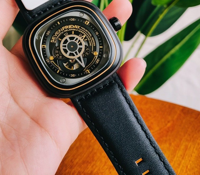 SEVENFRIDAY Black Gold Disc Dial Watch — front