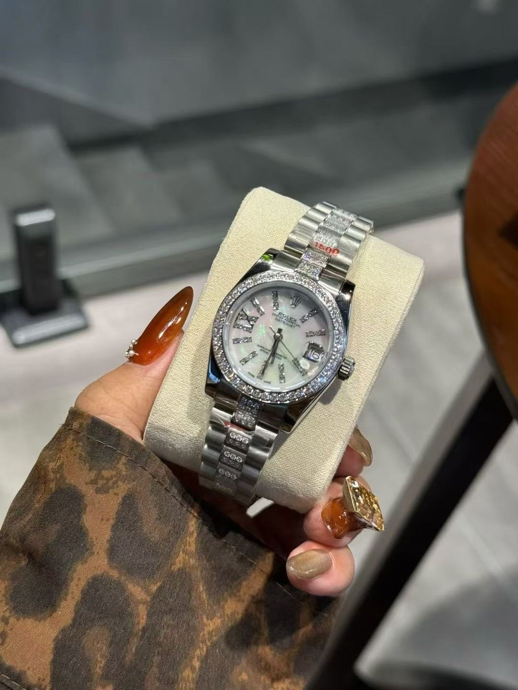 Rolex Crystal Bezel White Dial Watch — front