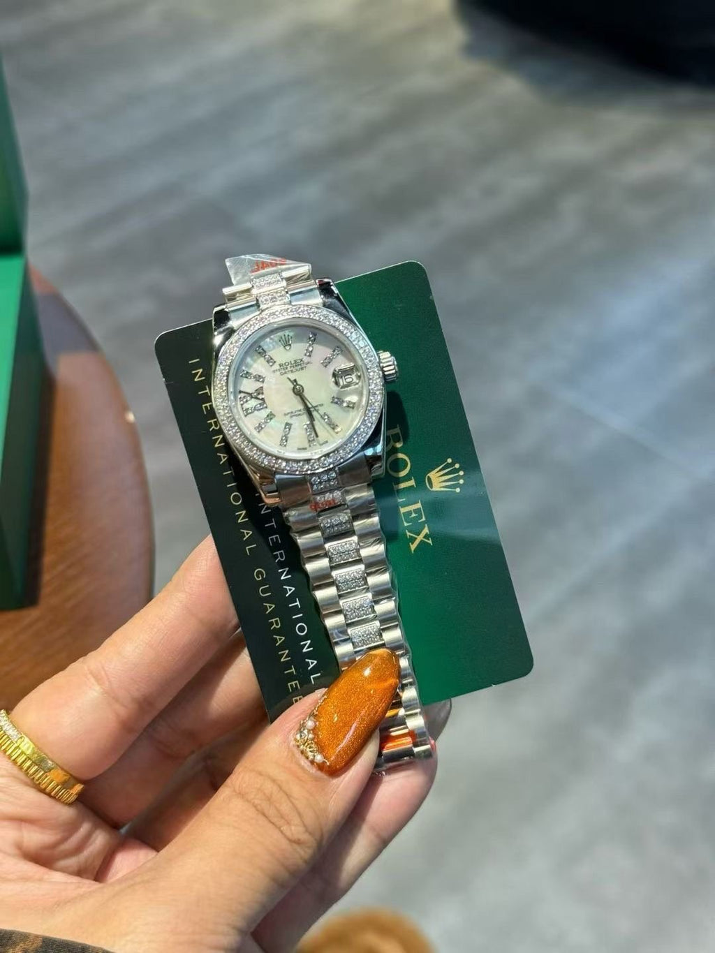 Rolex Crystal Bezel White Dial Watch — front