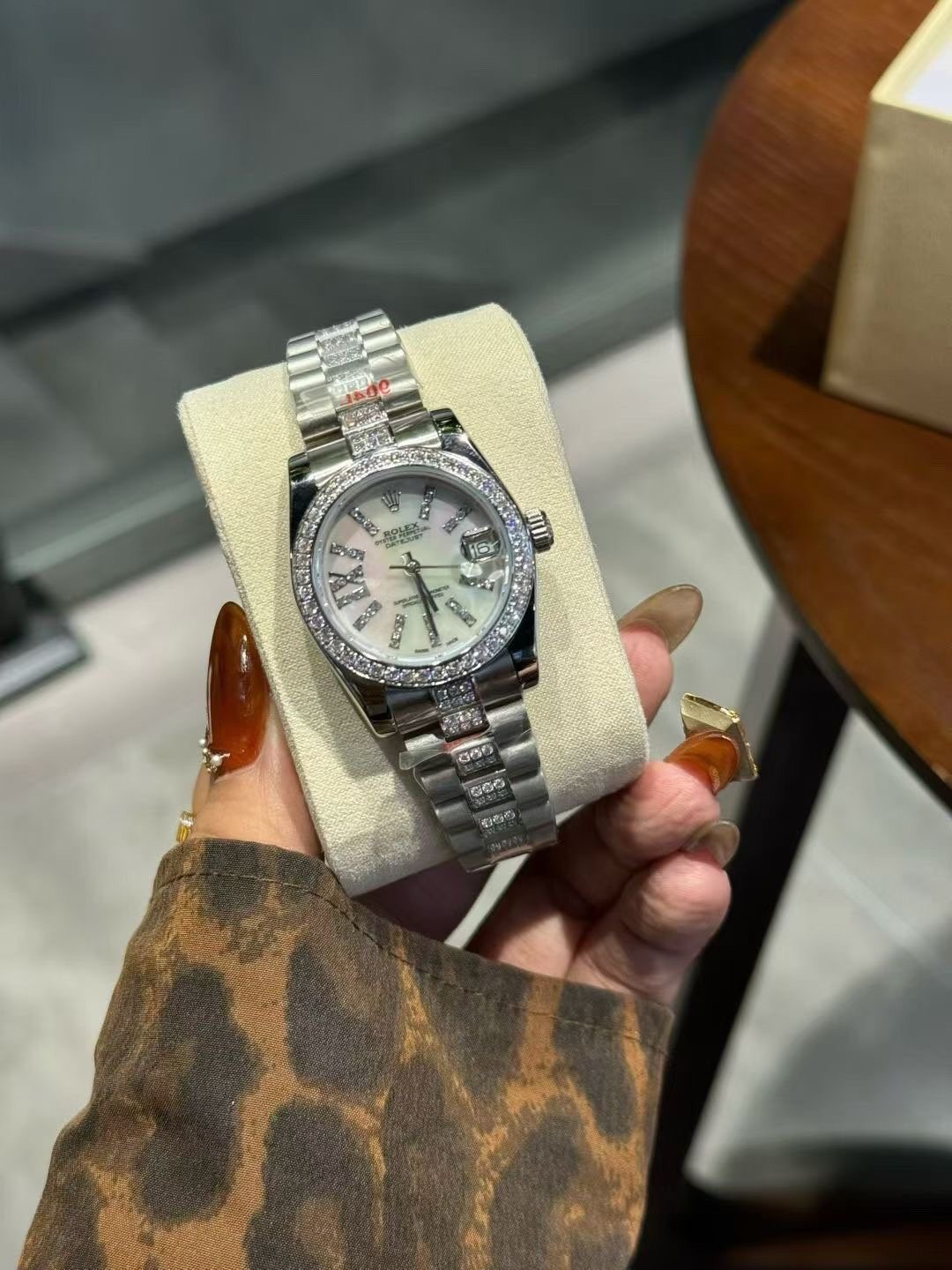 Rolex Crystal Bezel White Dial Watch — front