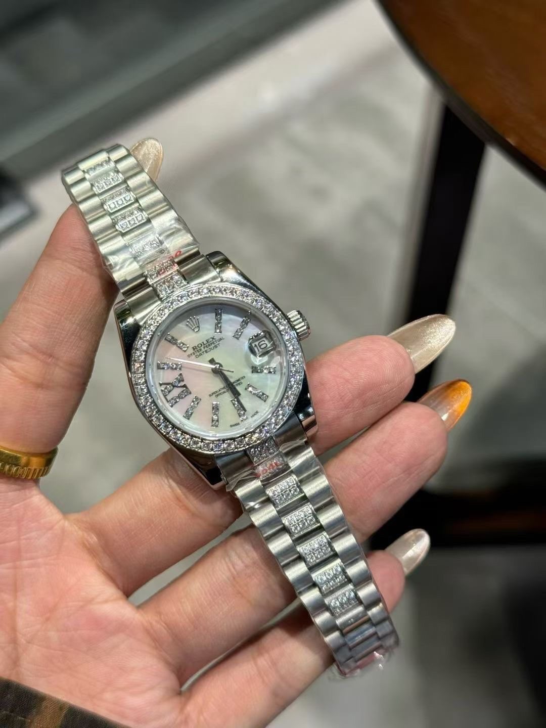 Rolex Crystal Bezel White Dial Watch — front