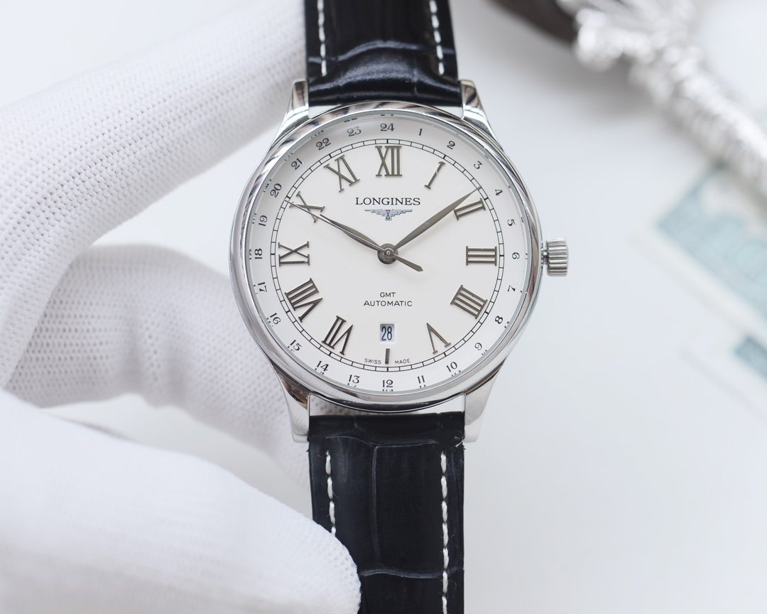 Longines Silver Black White Dial Leather Strap Watch — front