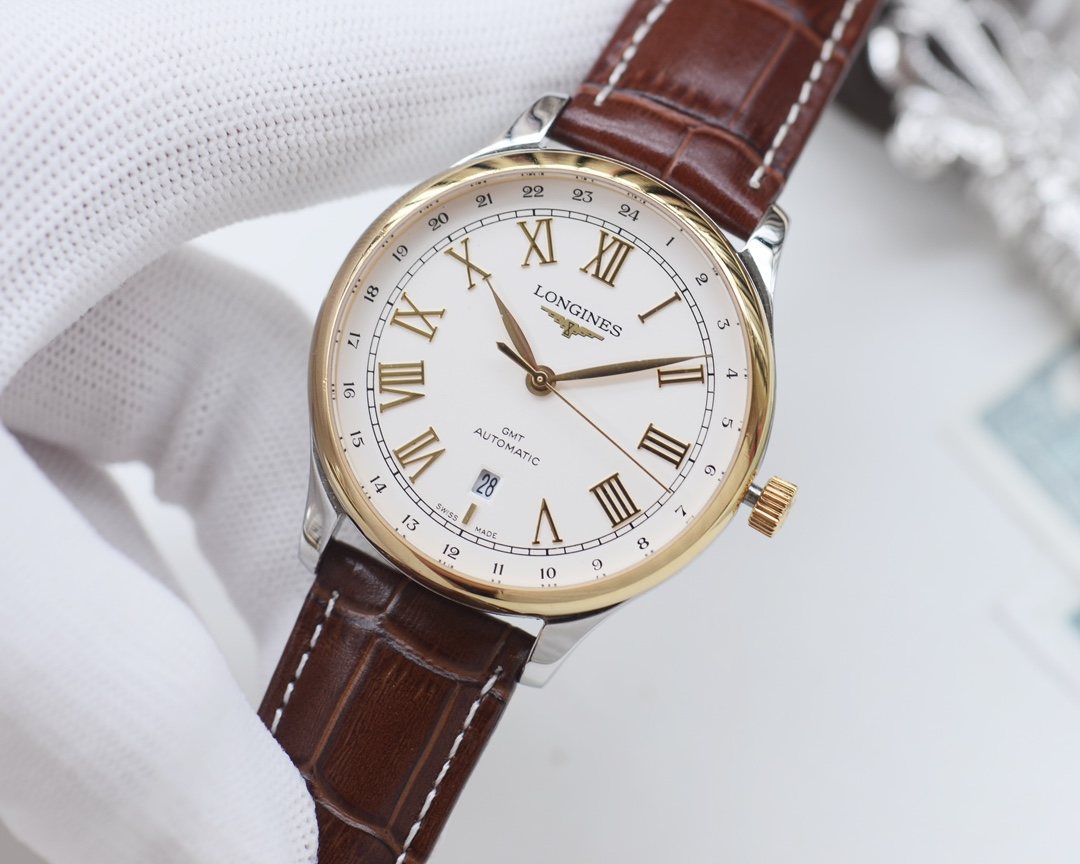 Longines Gold Brown White Dial Leather Strap Watch — front