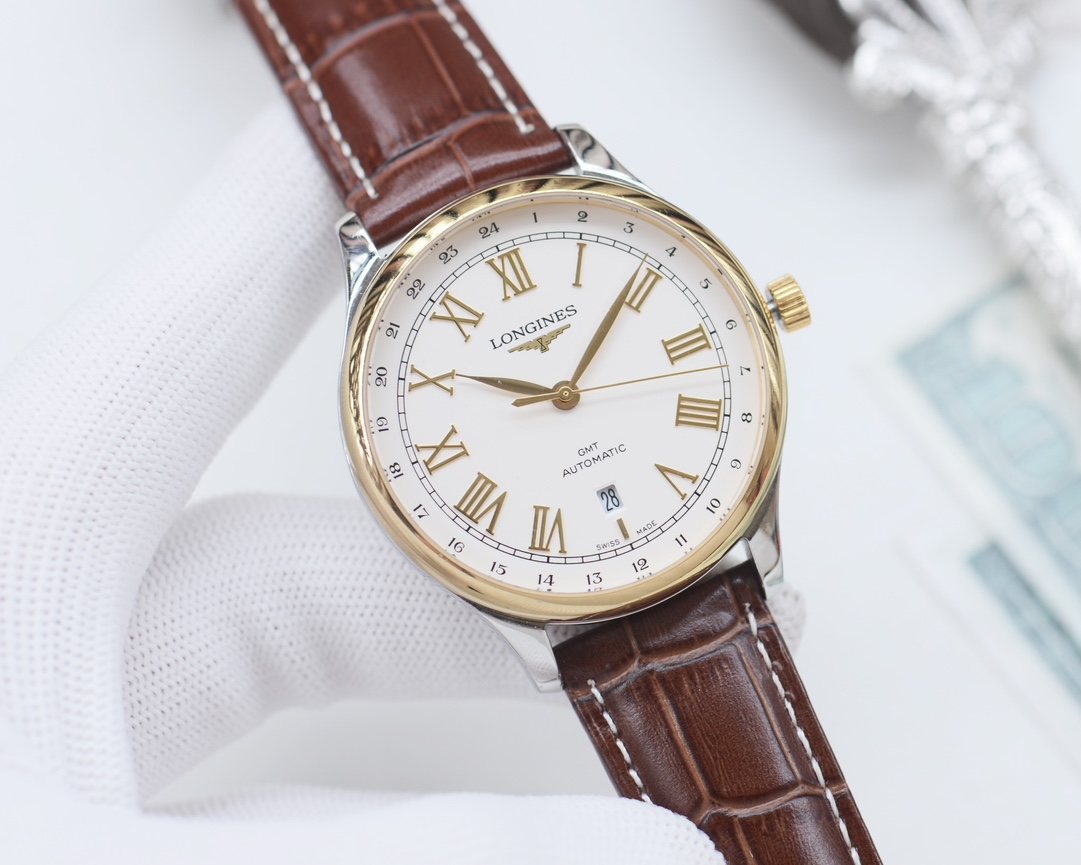 Longines Gold Brown White Dial Leather Strap Watch — hero