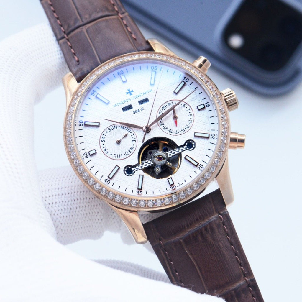 Vacheron Constantin Brown Rose Gold White Dial Strap Watch — hero