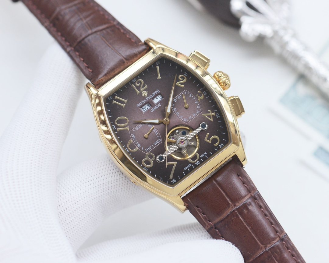 Patek Philippe Gold Brown Black Dial Strap Watch — hero