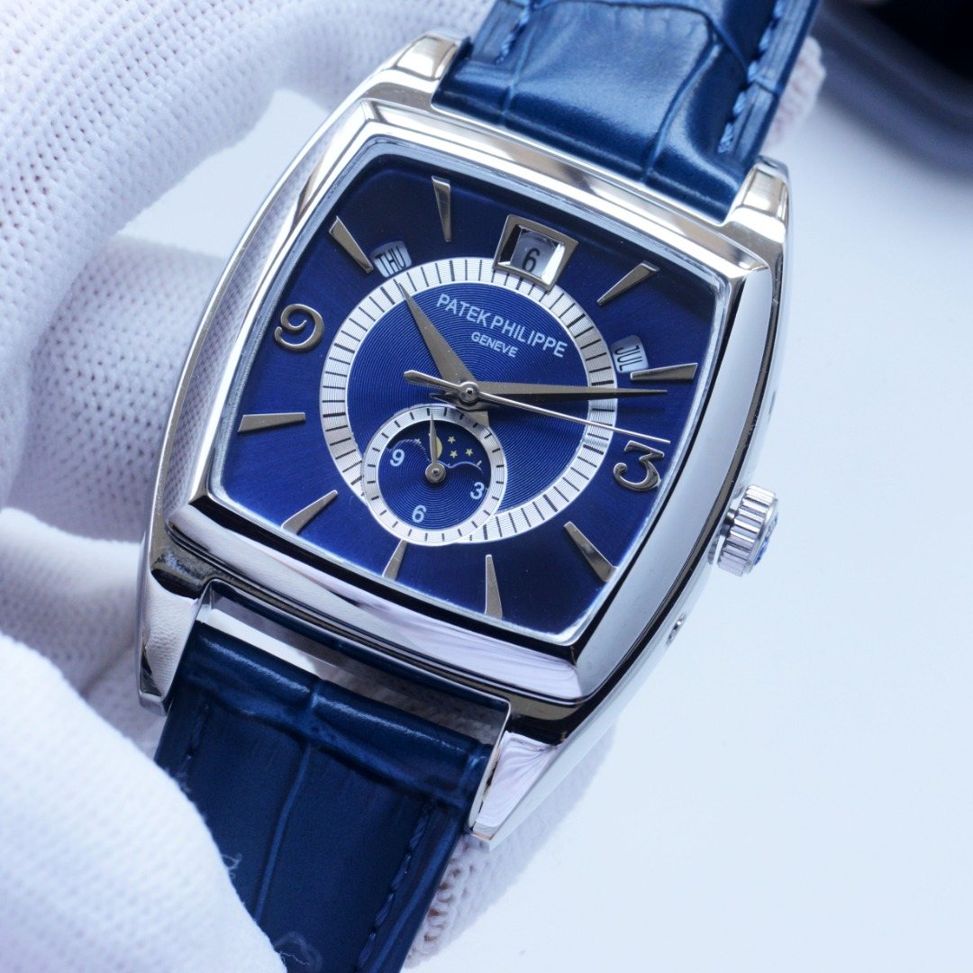 Patek Philippe Silver Blue Dial Strap Watch — hero