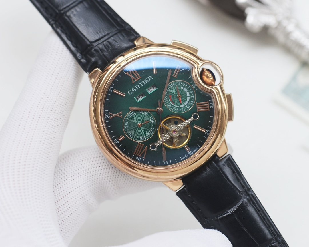 Cartier Black Rose Gold Green Dial Leather Strap Watch — hero