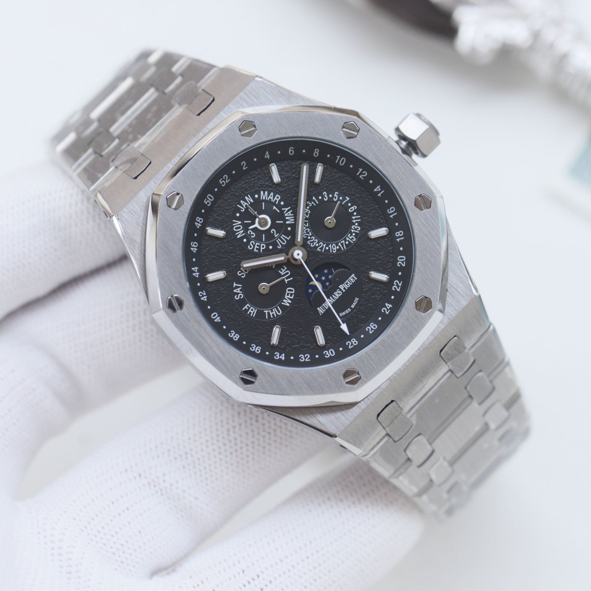 Audemars Piguet Silver Black Dial Bracelet Watch — front