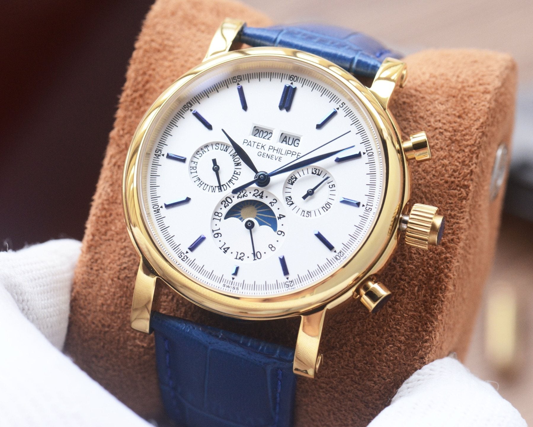 Patek Philippe Gold Blue White Dial Strap Watch — front