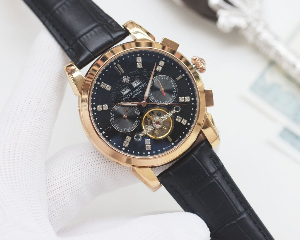 PATEK PHILIPPE Gold Black Dial Strap Watch — hero