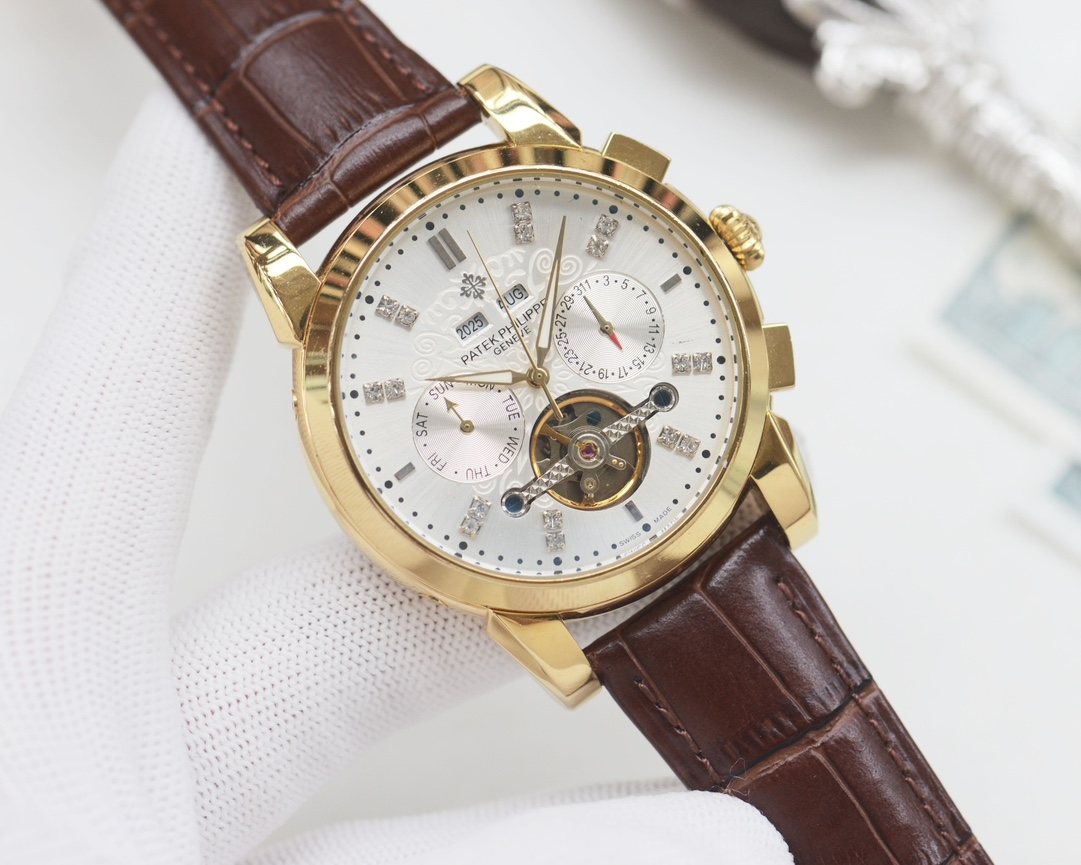 PATEK PHILIPPE Brown Gold White Dial Strap Watch — hero