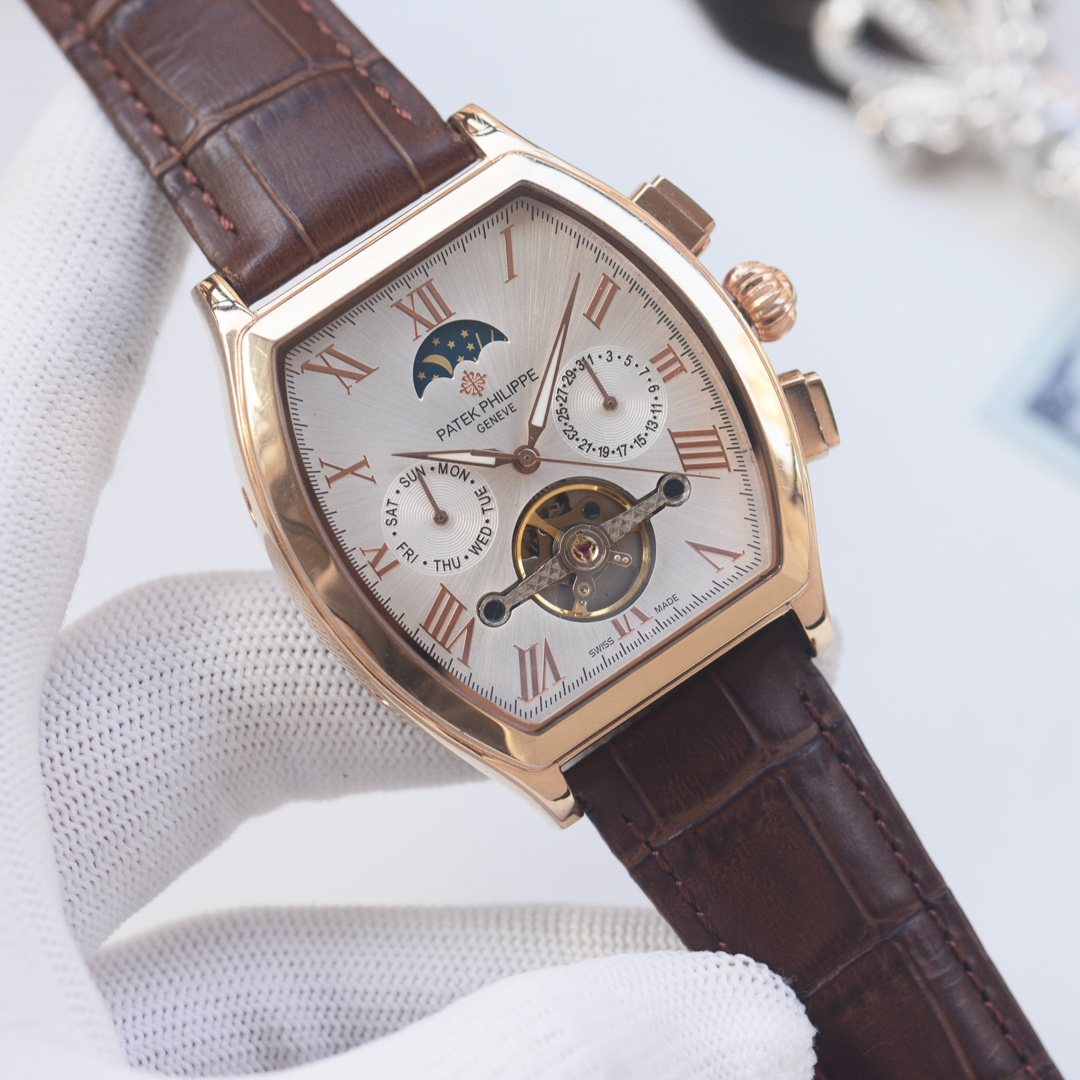 PATEK PHILIPPE Rose Gold Brown White Dial Leather Strap Watch — hero