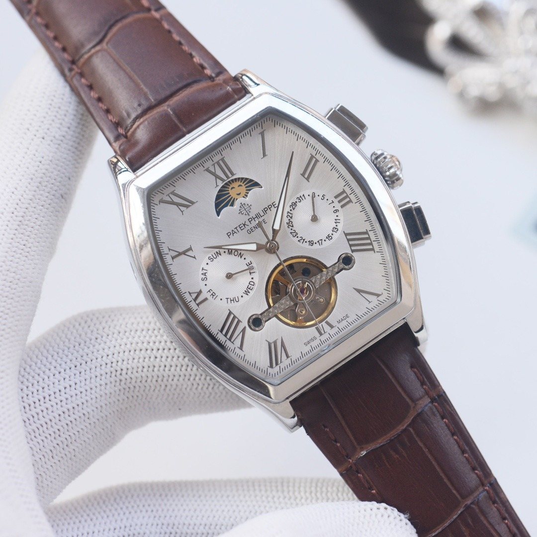 PATEK PHILIPPE Silver Brown White Dial Leather Strap Watch — hero