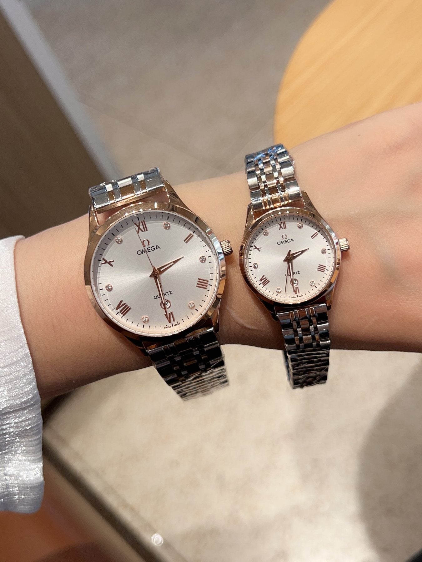 Omega Silver Rose Gold White Dial Bracelet Watch — model