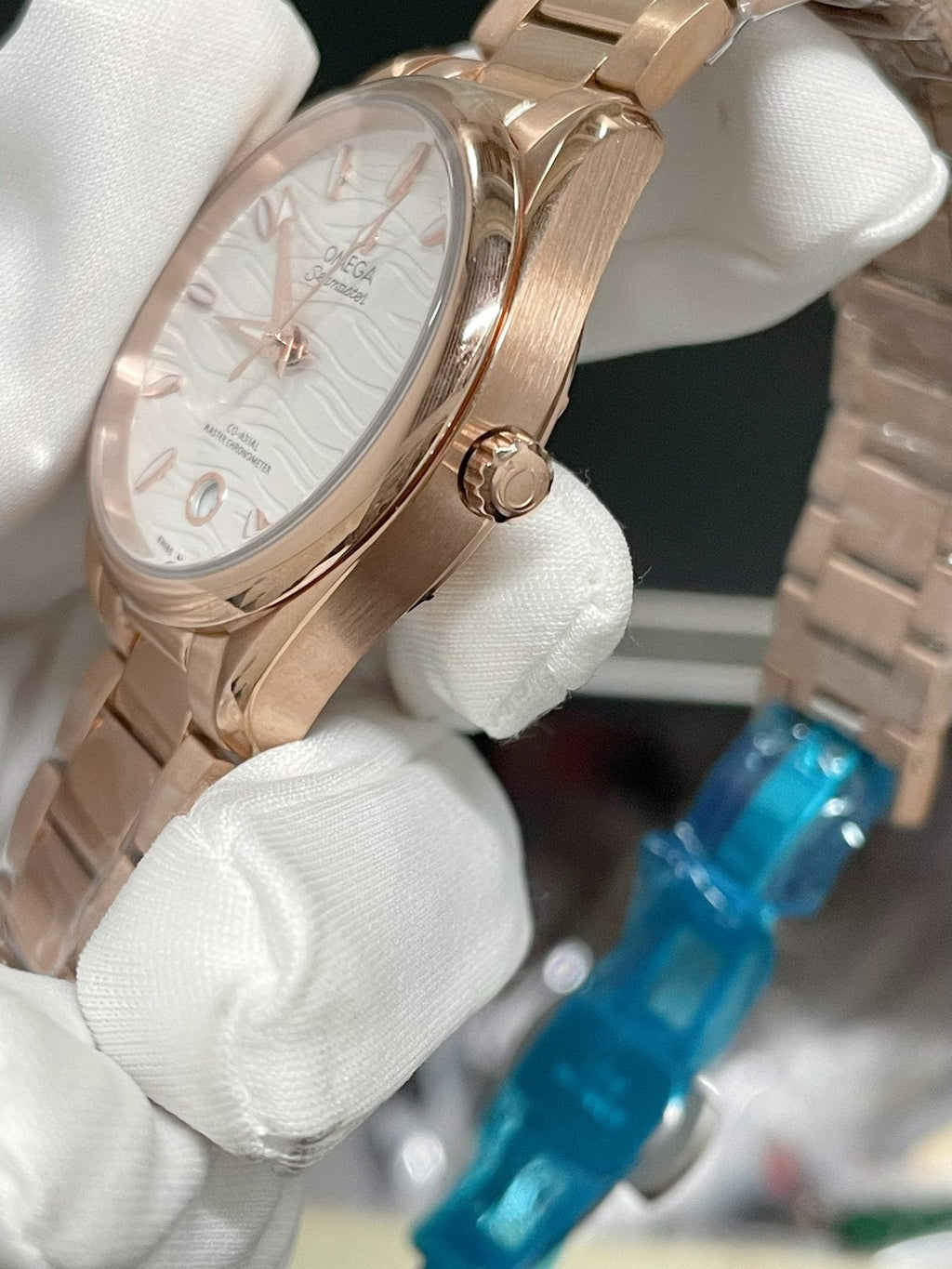 Omega Rose Gold-Tone White Dial Watch — side
