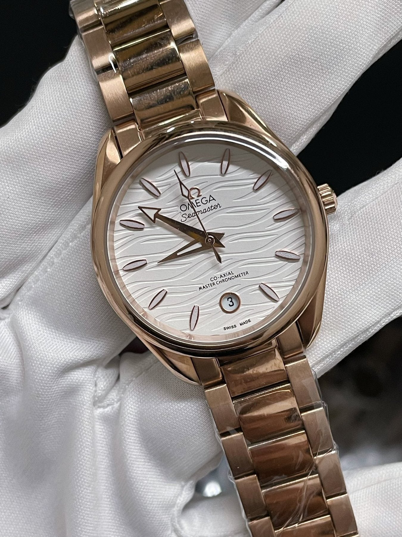 Omega Rose Gold-Tone White Dial Watch — front