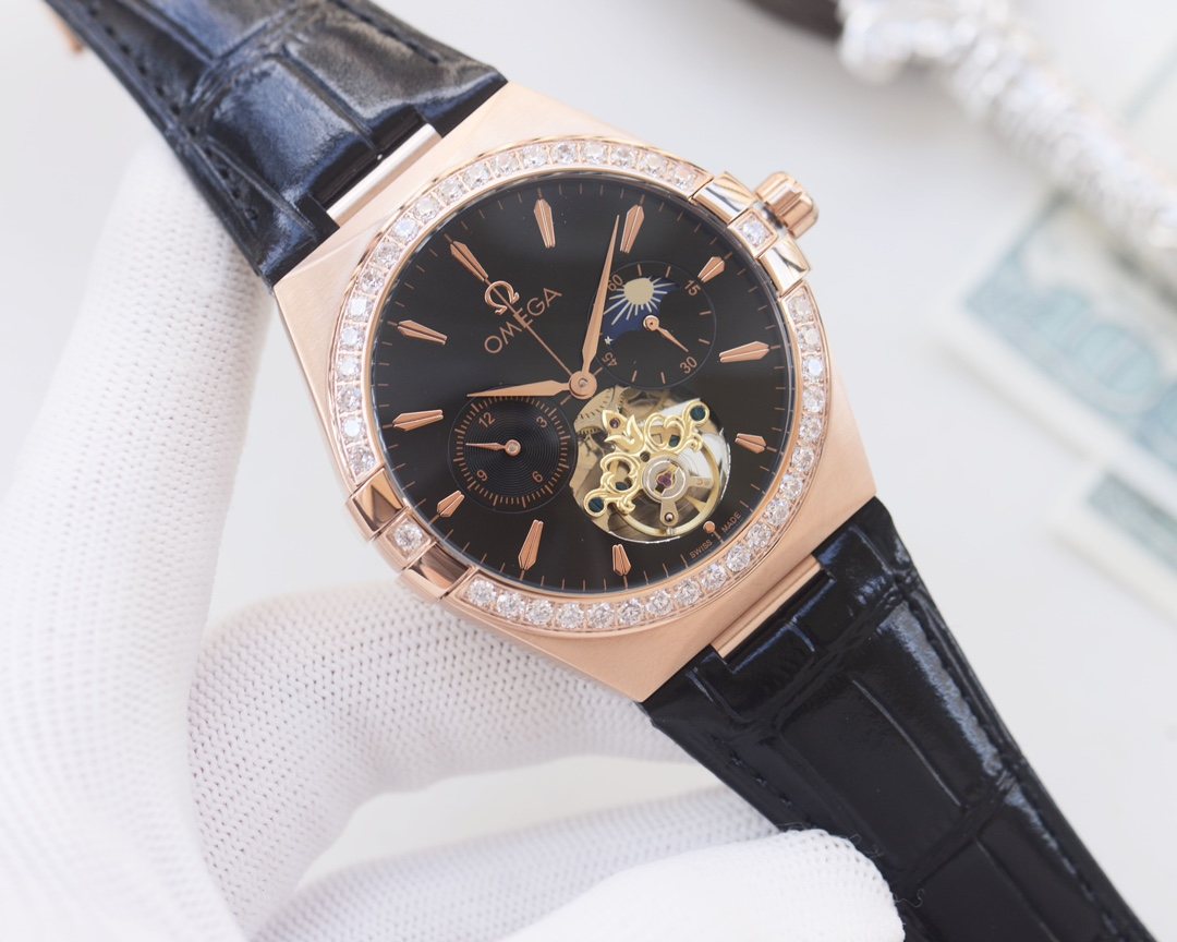 OMEGA Rose Gold Black Dial Strap Watch — hero