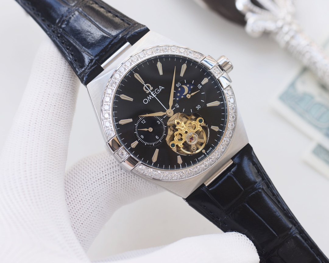 OMEGA Silver Black Dial Strap Watch — hero