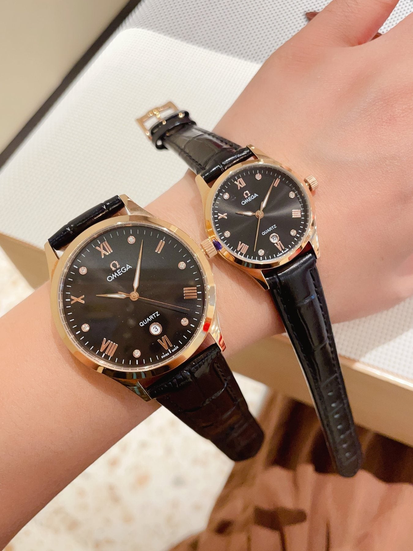 Omega Black Leather Black Dial Rose Gold Couple Watch Set — front