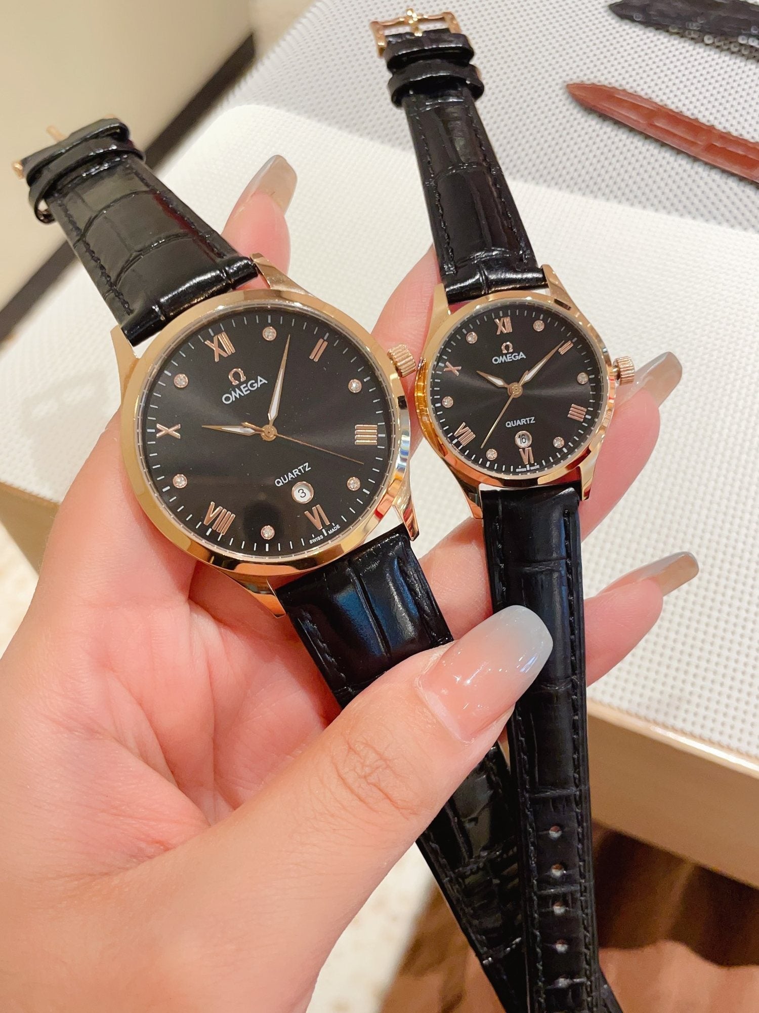 Omega Black Leather Black Dial Rose Gold Couple Watch Set — hero