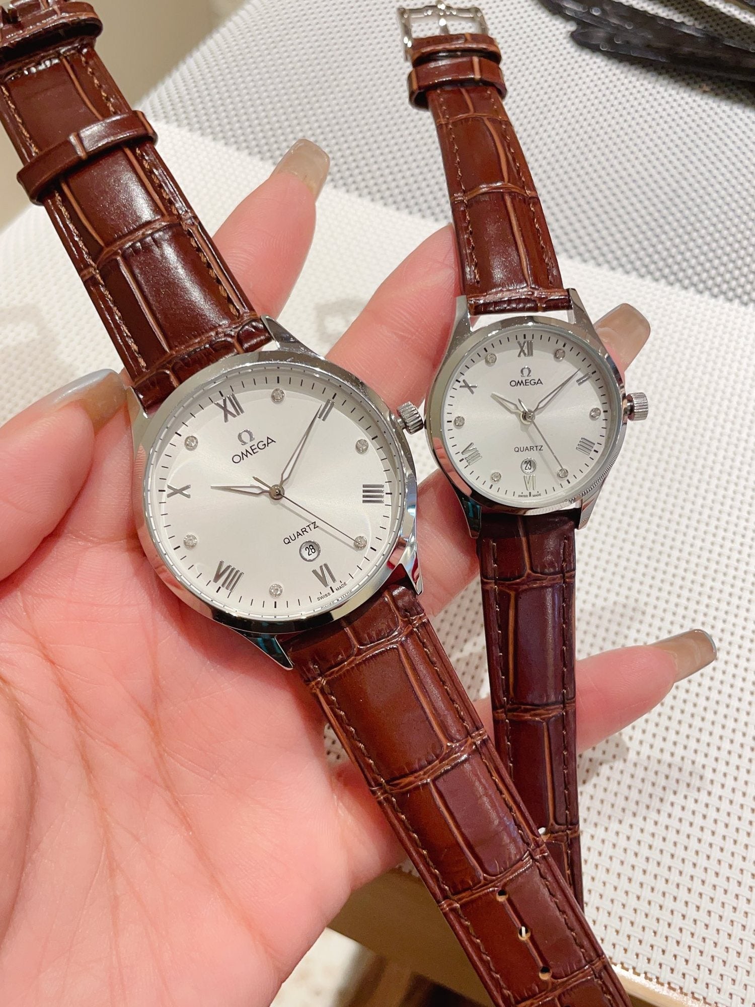 Omega Brown Rose Gold White Dial Leather Strap Couple Watch Set — hero