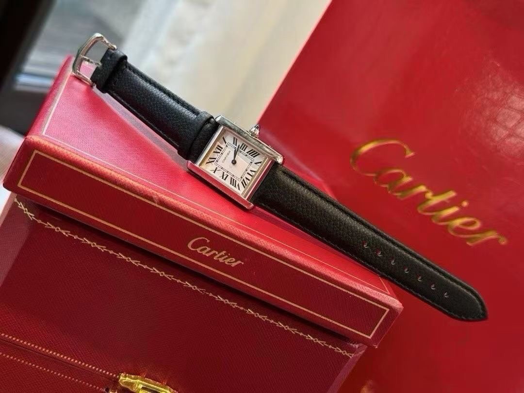 Cartier Silver Black White Dial Leather Strap Watch — hero