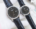 Silver Black Dial Leather Strap Couple Watch Set — hero
