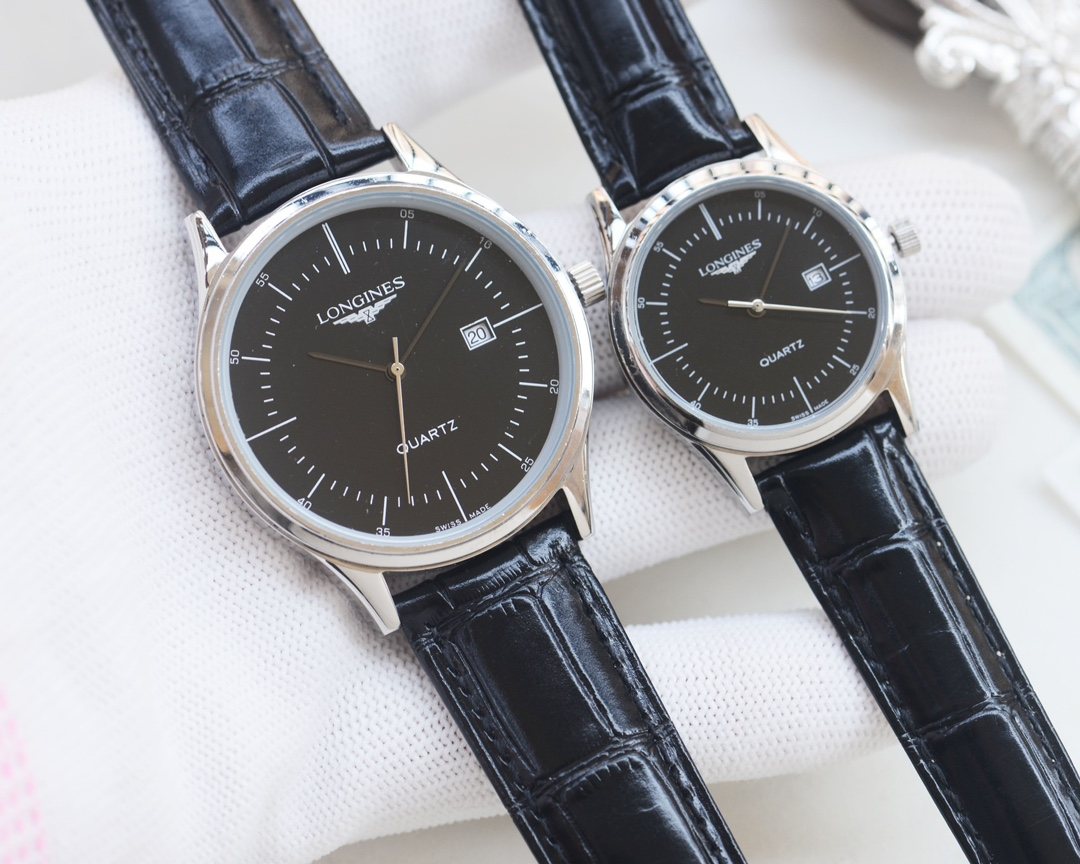 Silver Black Dial Leather Strap Couple Watch Set — hero