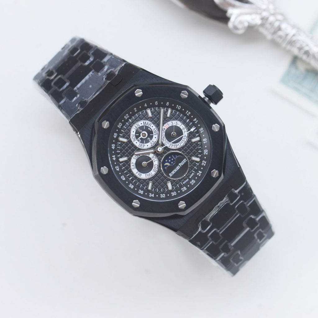 Audemars Piguet Black Chronograph Metal Bracelet Watch — front
