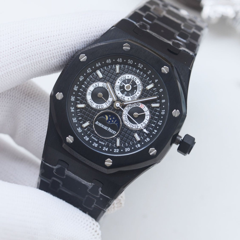 Audemars Piguet Black Chronograph Metal Bracelet Watch — front