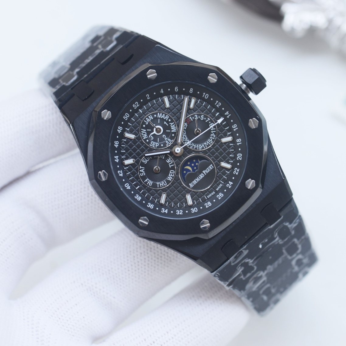Audemars Piguet Black Chronograph Metal Bracelet Watch — front