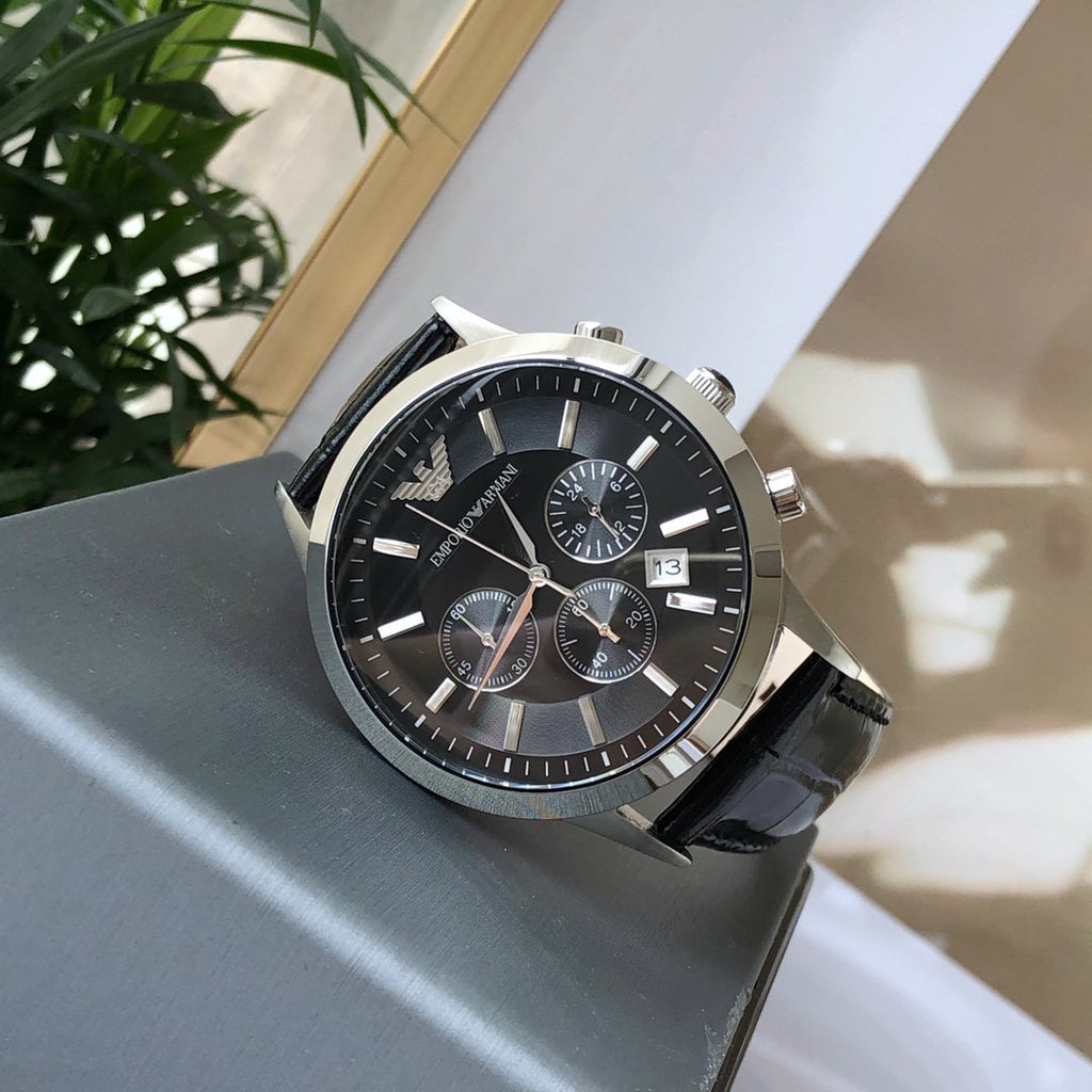 EMPORIO ARMANI Silver Black Dial Strap Watch — hero