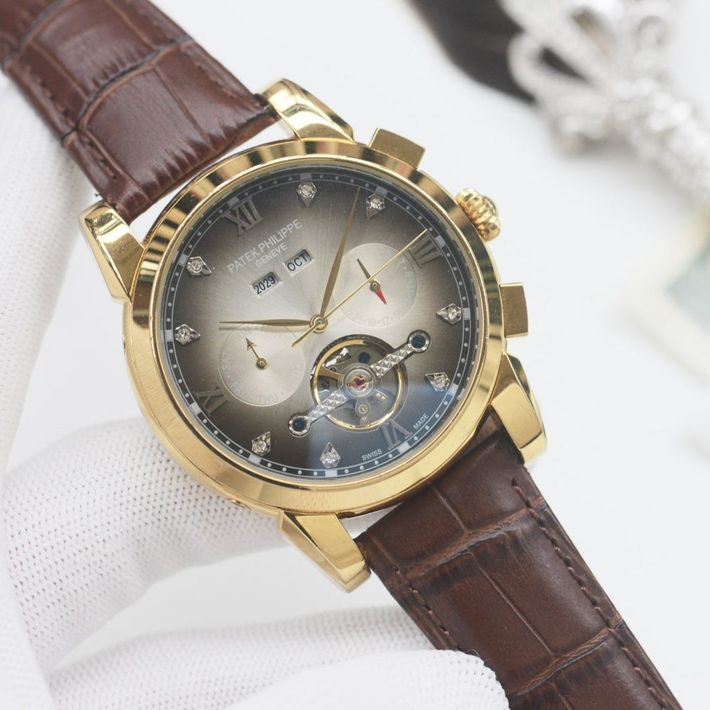 PATEK PHILIPPE Gold Brown Leather Strap Watch — front