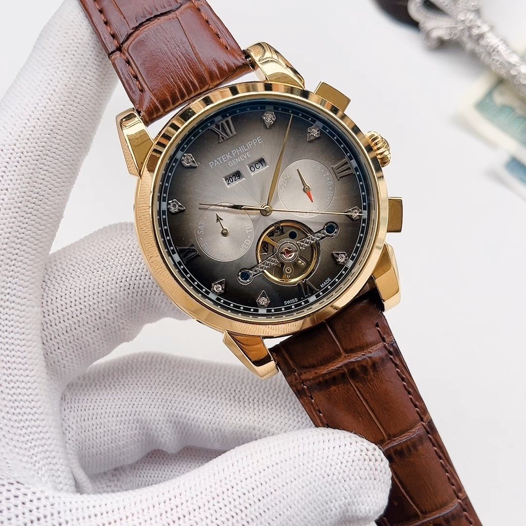PATEK PHILIPPE Gold Brown Leather Strap Watch — hero