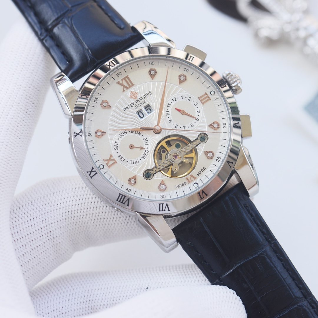 PATEK PHILIPPE Black Silver White Dial Strap Watch — hero