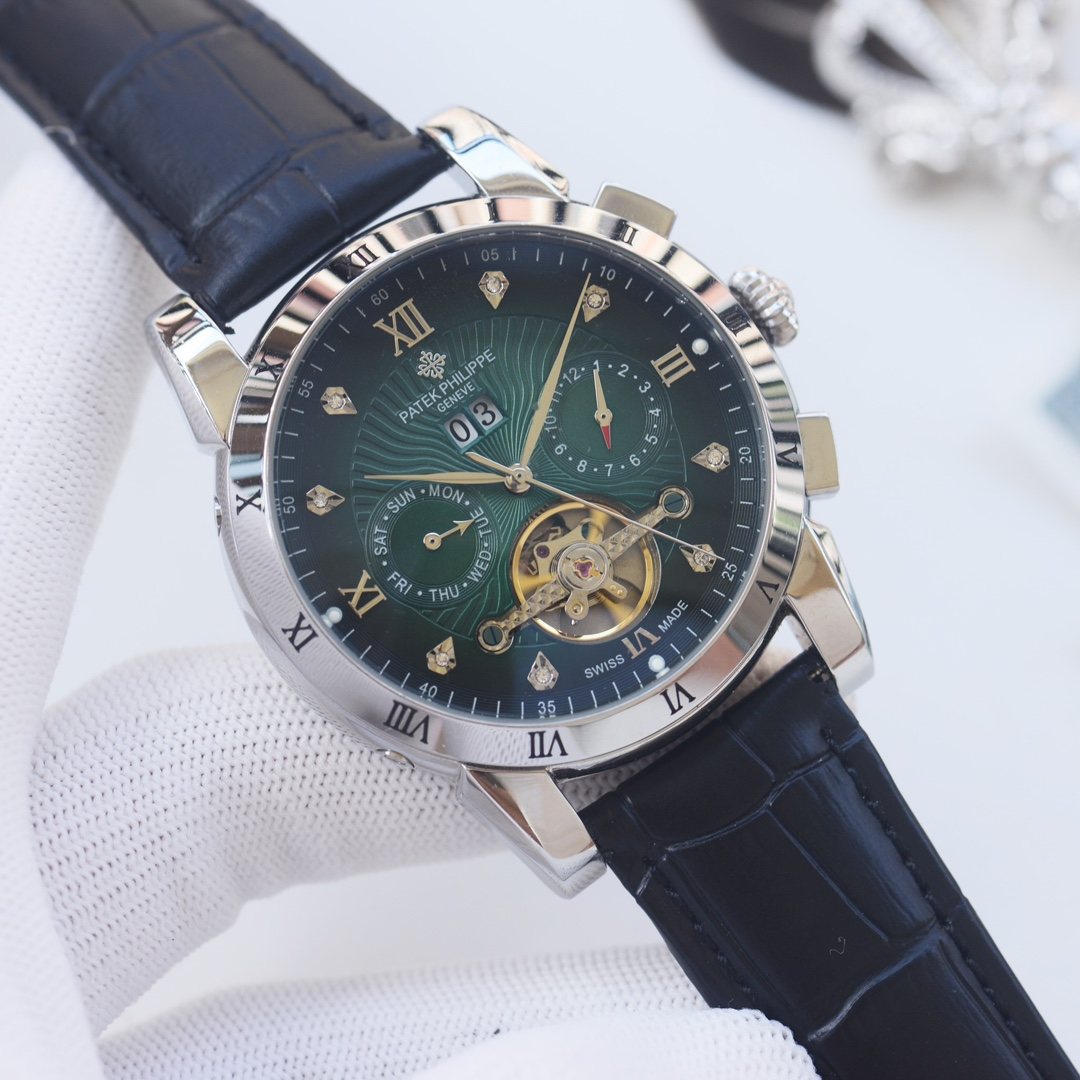 PATEK PHILIPPE Black Silver Green Dial Strap Watch — hero