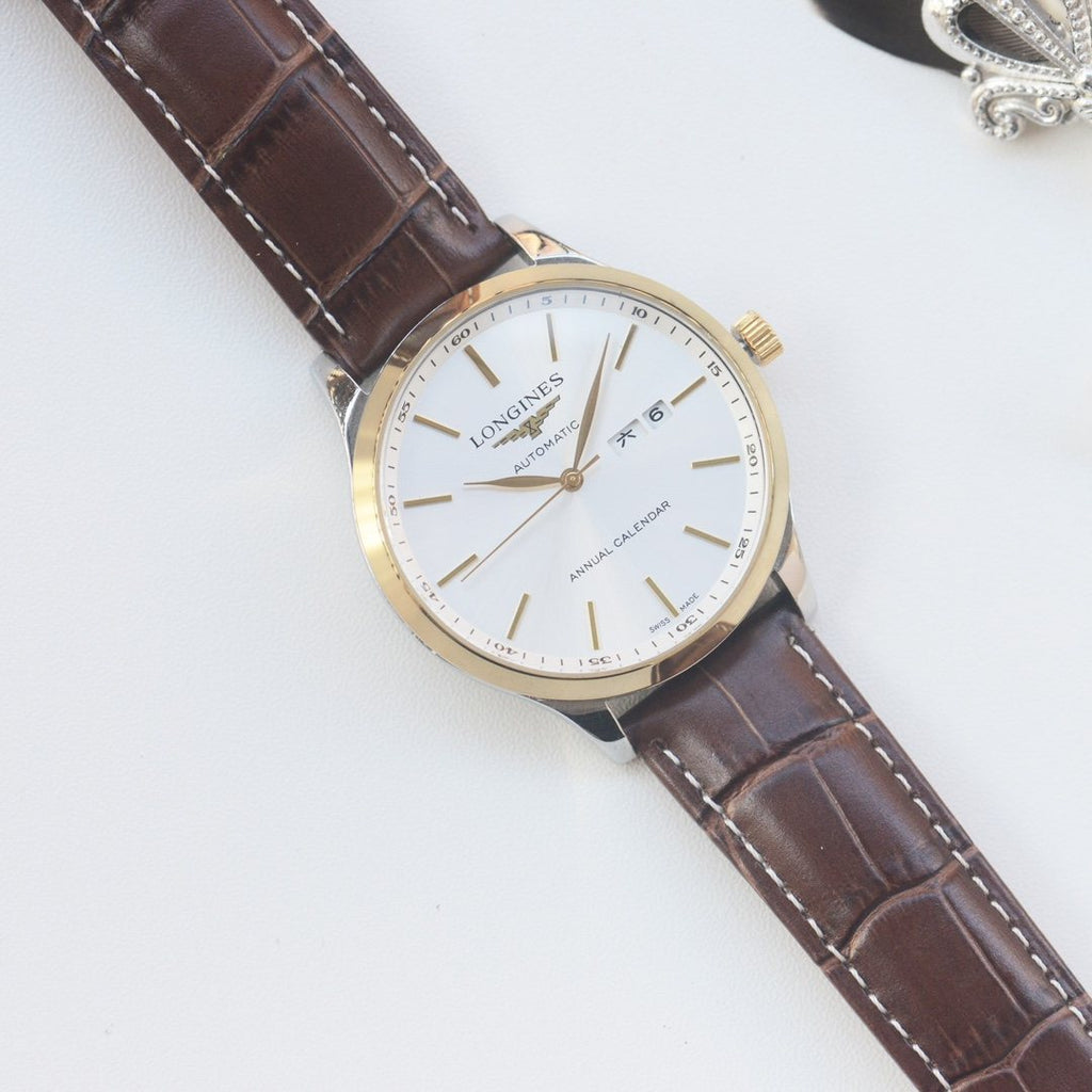 Brown Gold White Dial Leather Strap Watch — hero