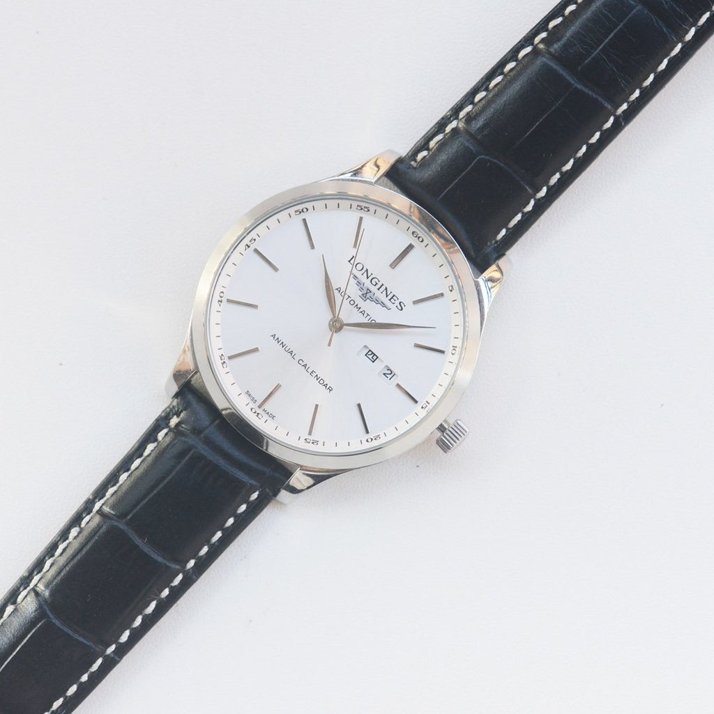 Black Silver White Dial Leather Strap Watch — hero