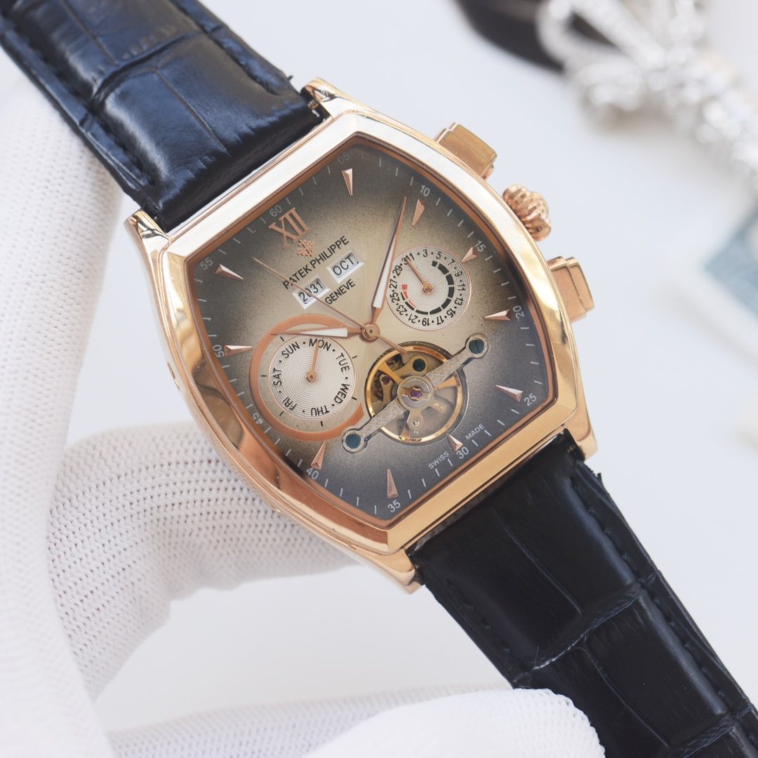 PATEK PHILIPPE Rose Gold Black Leather Strap Watch — hero
