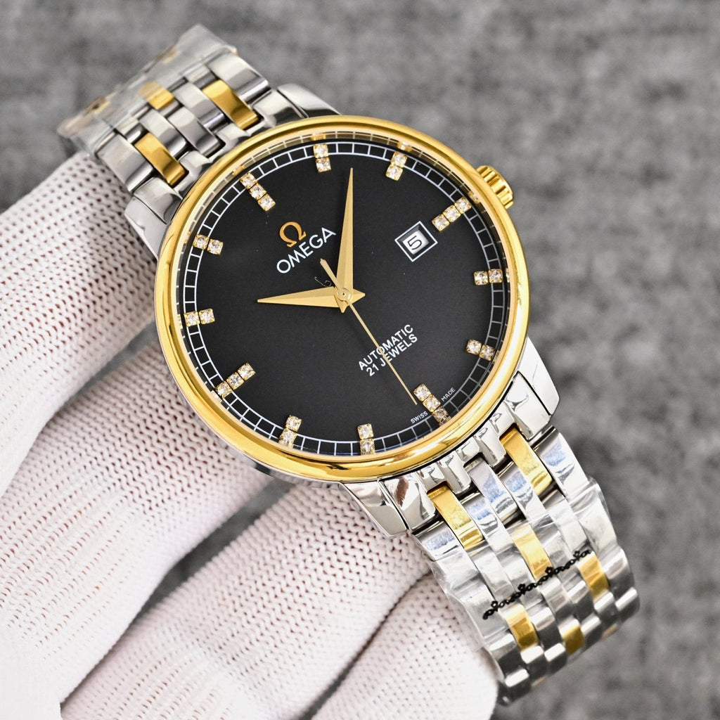 Gold Two Tone Black Dial Bracelet Watch — front