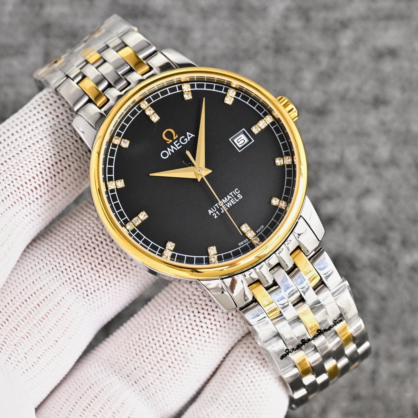 Gold Two Tone Black Dial Bracelet Watch — front